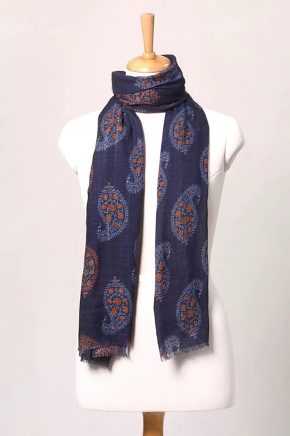 Indigo Paisley Print Twill Weave Wool Scarf - Blue Multi | SVEŽElife by SVEZElife