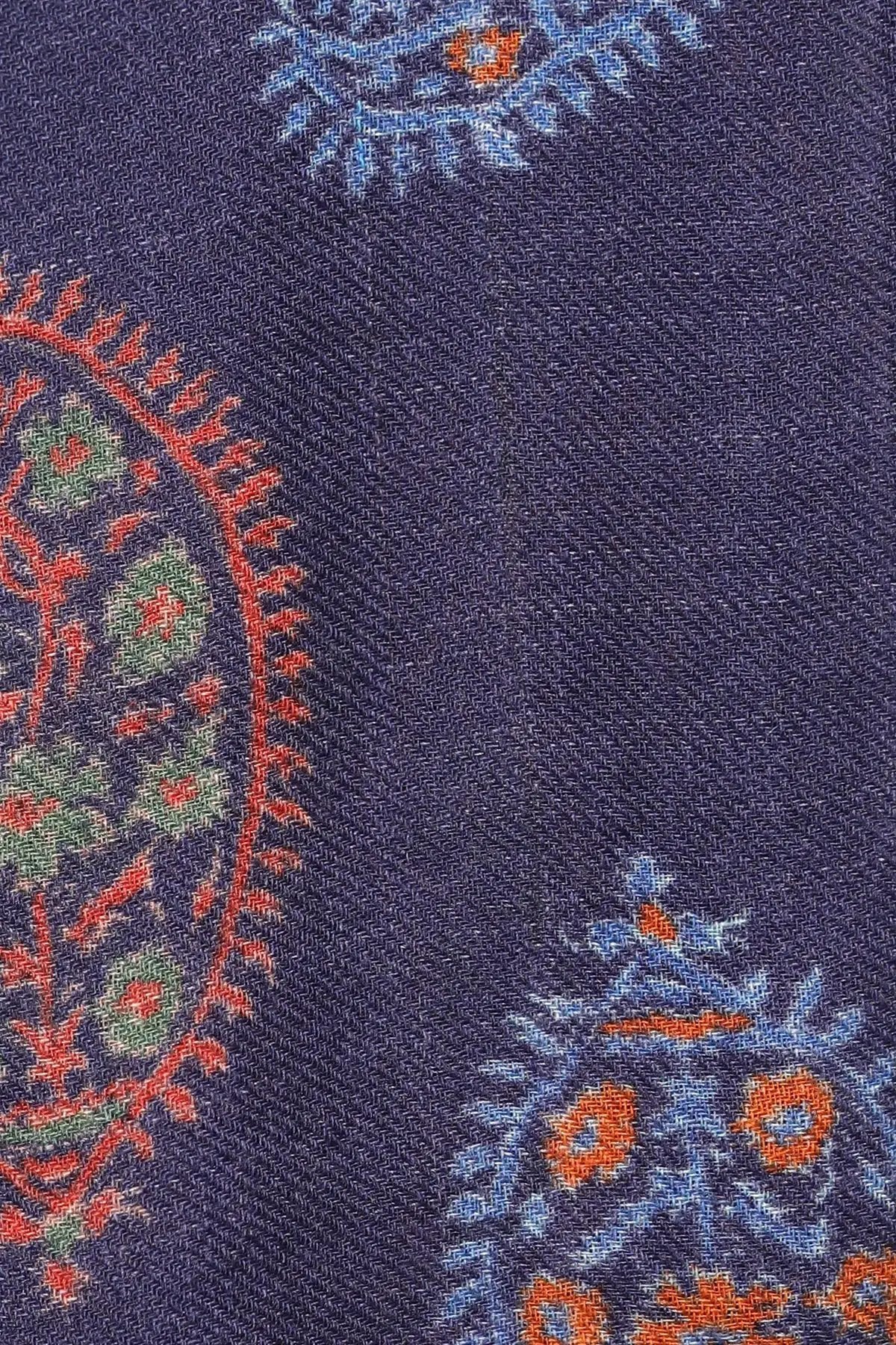 Indigo Paisley Print Twill Weave Wool Scarf - Blue Multi | SVEŽElife by SVEZElife
