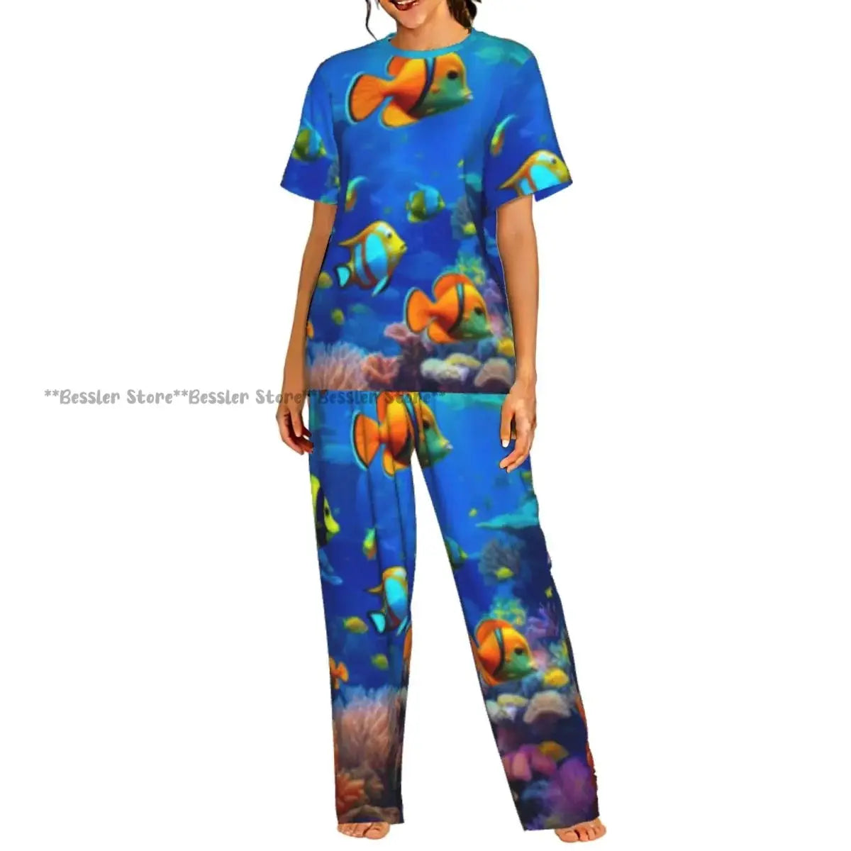 Women's Comfort Pajamas Women's Sea Fish Marine Life Short Sleeve Set Sleepwear by All Mart Bristol Ltd