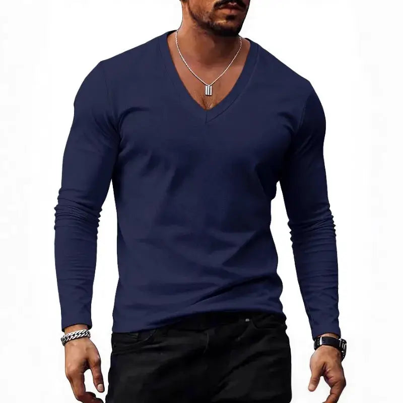 Men V Neck Solid Color Long Sleeve T Shirt Casual Slim Fit Basic Tops for Spring Autumn Daily Wear by All Mart Bristol Ltd