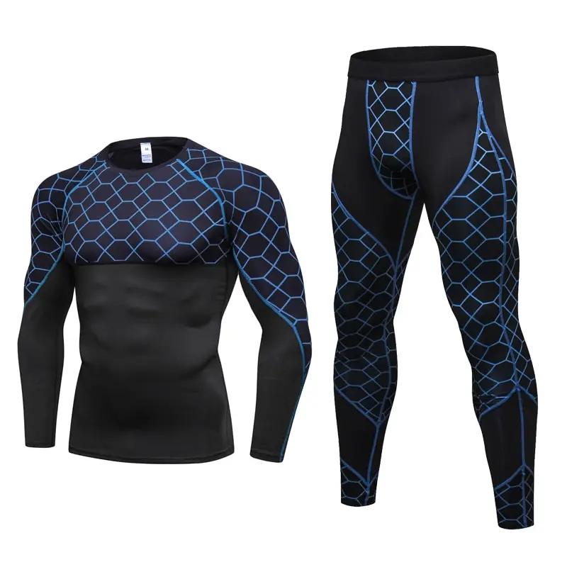 Men's Compression Run jogging Suits Grid Clothes Sports Set Long t shirt And Pants Gym Fitness workout Tights clothing 2pcs Sets by Dropshipman