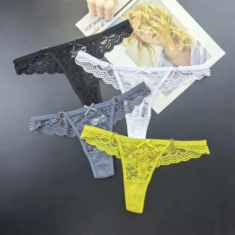 4Pcs Sexy Lace Thong Panties Women Low Rise Transparent Lingerie Set Plus Size by All Mart Bristol Ltd