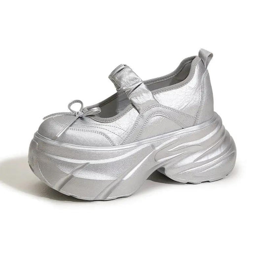 Mary Jane White Silver Sweet Bow Height Increasing Insole Women's Shoes by Dropshipman
