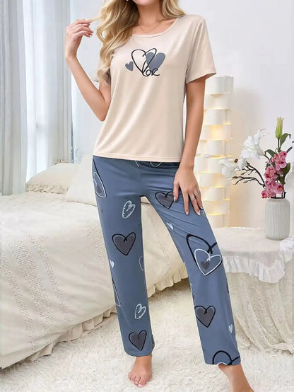 Women's Summer New Arrival Short Sleeve Sweatpants Thinner Simple Heart Casual Home Wear for Outdoor Wear Pajama by All Mart Bristol Ltd