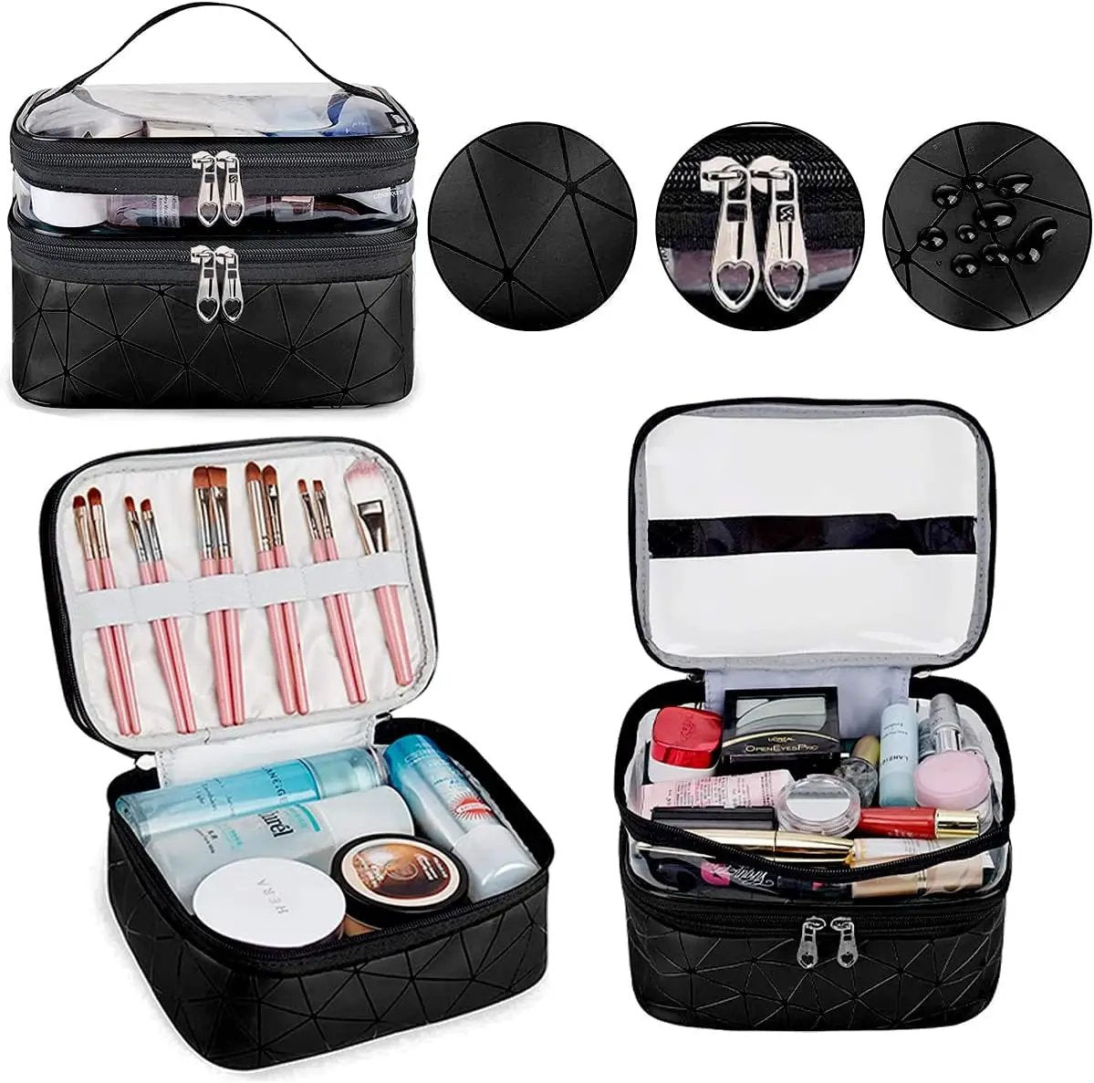 Stylish 3-Piece Makeup Bag Set - Double Layer Cosmetic Organizer + 2 Travel Toiletry Bags with Diamond Pattern for Men and Women (Black) by All Mart Bristol Ltd
