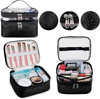 Stylish 3-Piece Makeup Bag Set - Double Layer Cosmetic Organizer + 2 Travel Toiletry Bags with Diamond Pattern for Men and Women (Black) by All Mart Bristol Ltd