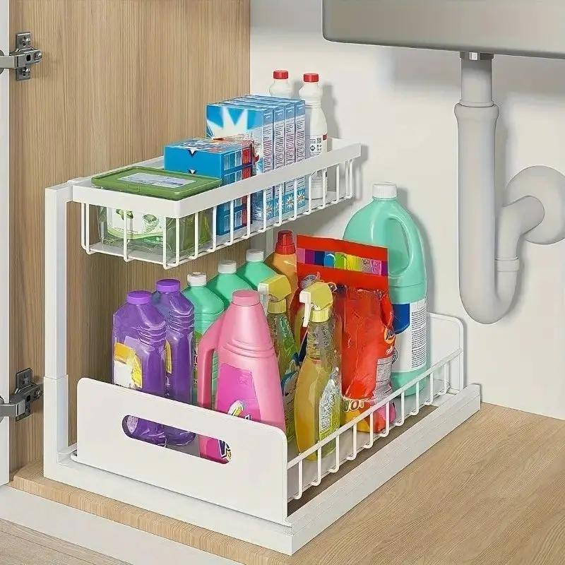 Kitchen Fixed Shelf Sink Storage, Sliding Pull-Out Cabinet Arrangement Rack, Metal Sliding Drawer, Bathroom Organizing Accessories, for Kitchen Bathroom Refrigerator Cabinet Organization Rack, Kitchen Storage Essential Goods by All Mart Bristol Ltd