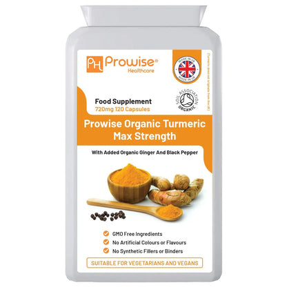 Organic Turmeric Curcumin 720mg - 120 Capsules | Organic Turmeric and Black Pepper Capsules High Strength | Vegan & Vegetarian Turmeric Supplements | Certified Organic by Soil Association by Prowise by Prowise Healthcare
