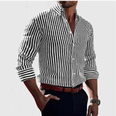 Ins Stripe Printed Long Sleeve Shirt Men Fashion Casual Lapel Button Top Clothing by Dropshipman
