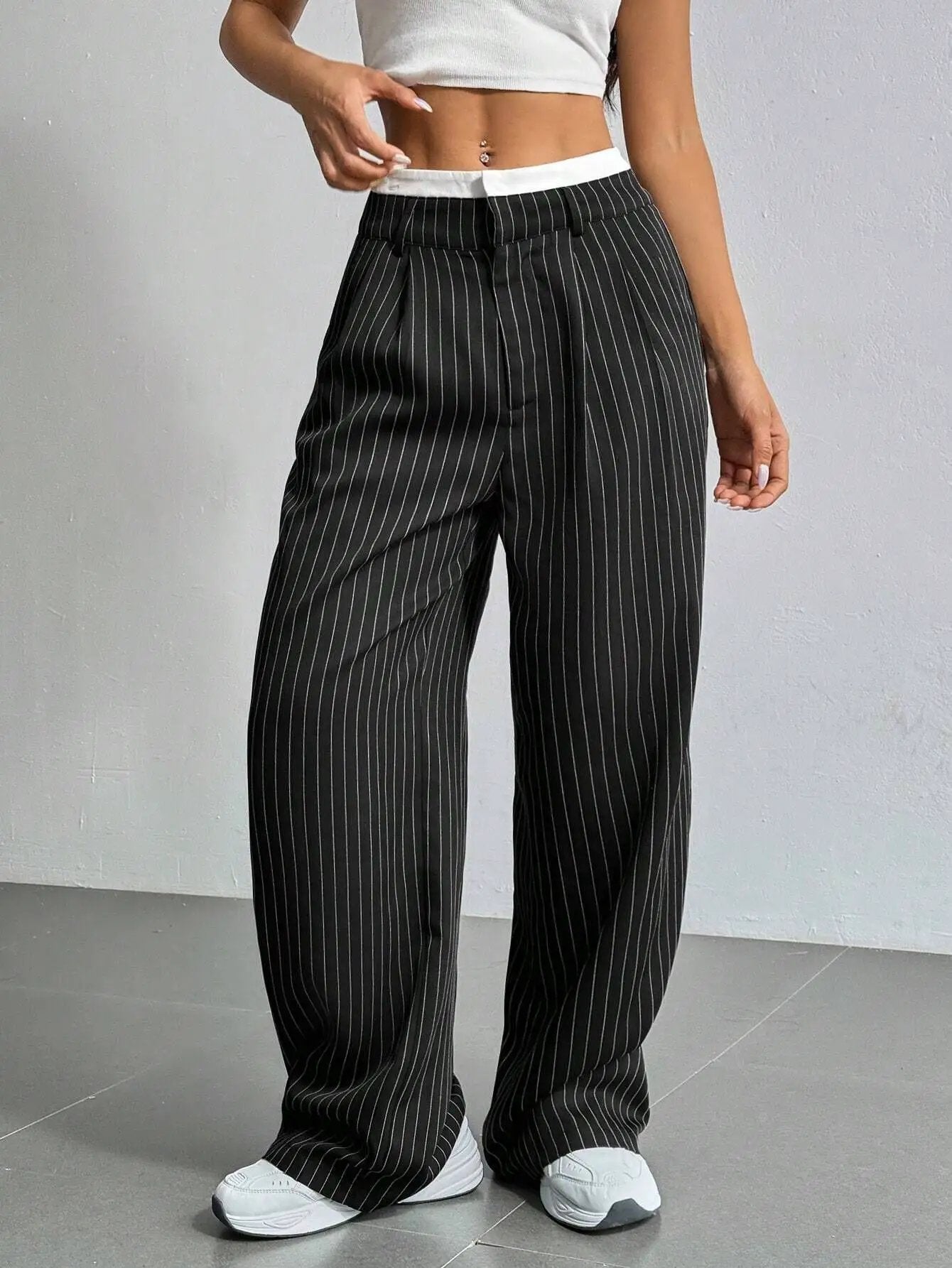 Stripe Printed Trousers Fashion High Waist Straight Leg Pants With Pocket Zipper Casual Suit Pants For Women by Dropshipman