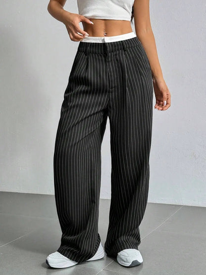 Stripe Printed Trousers Fashion High Waist Straight Leg Pants With Pocket Zipper Casual Suit Pants For Women by Dropshipman