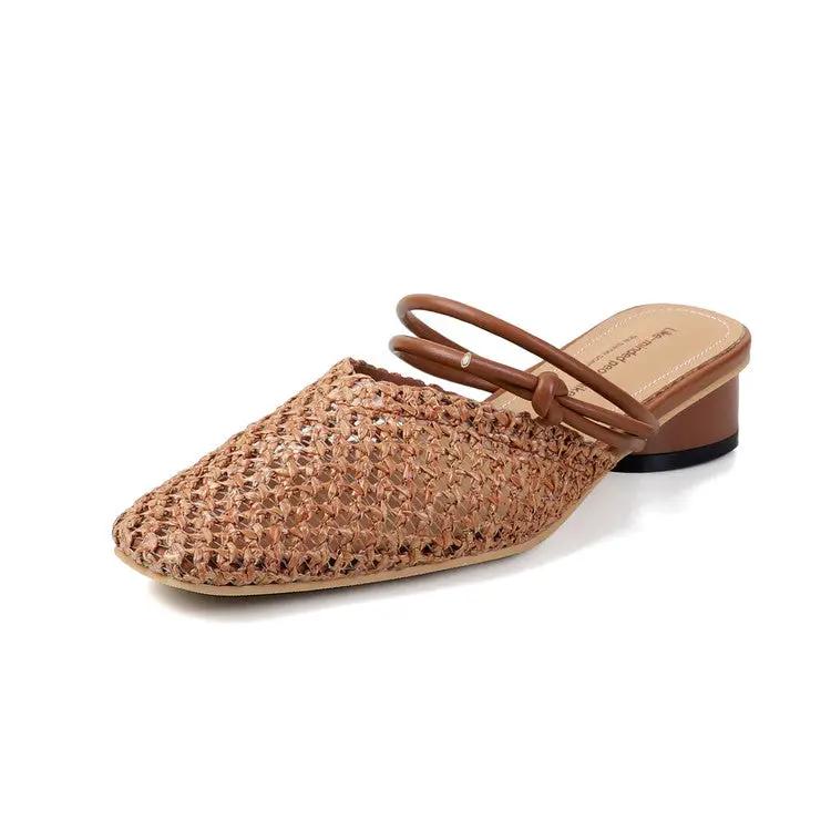 Women's French Style Square Toe Outdoor Hollow-out Breathable Retro Thick Heel Toe Box Half Slippers by Dropshipman
