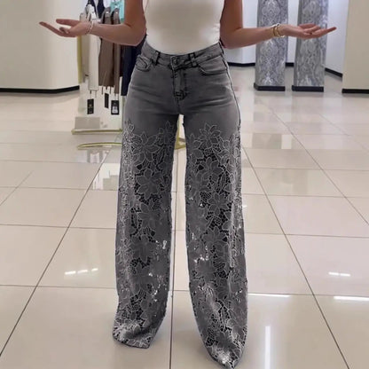 Y2K Lace Flowers Hollow Jeans Fashion High Waist Straight Wide Leg Pants Solid Color Trousers Women's Clothing by Dropshipman