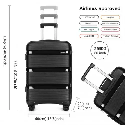 K2092L - Kono 20 Inch Bright Hard Shell PP Carry-On Suitcase In Cabin Size - Black by All Mart Bristol Ltd