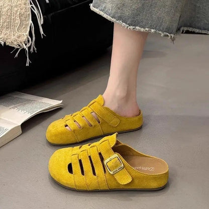 Women's Summer Outdoor Sandals - Closed Toe Semi Open Vintage Style Yellow Birkenstock Inspired Footwear by Dropshipman
