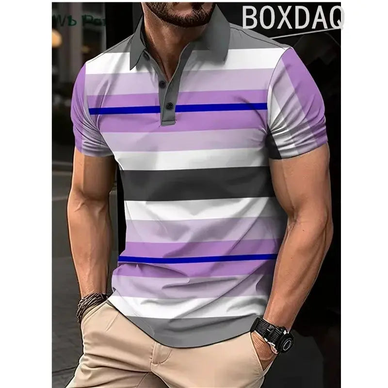 Classic Striped Print Polo Shirt Men's Business Casual Tops Simple Basic Polos Men Summer Big Size Short Sleeve Lapel Polo Shirt by All Mart Bristol Ltd