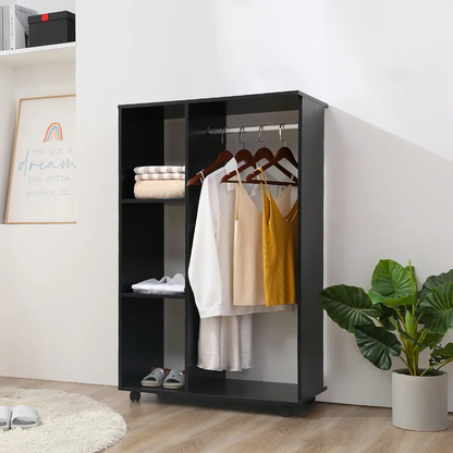 Rolling Open Wardrobe Hanging Rail Storage Shelves for Clothes, Black by HOMCOM