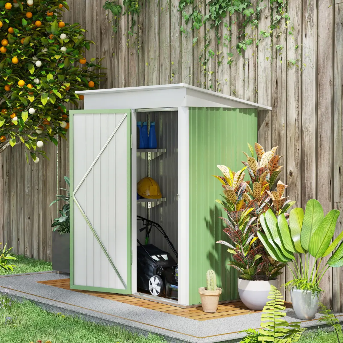 Outsunny Steel Garden Shed, Small Lean-to Shed for Bike Tool, 5x3 ft, Green by Outsunny