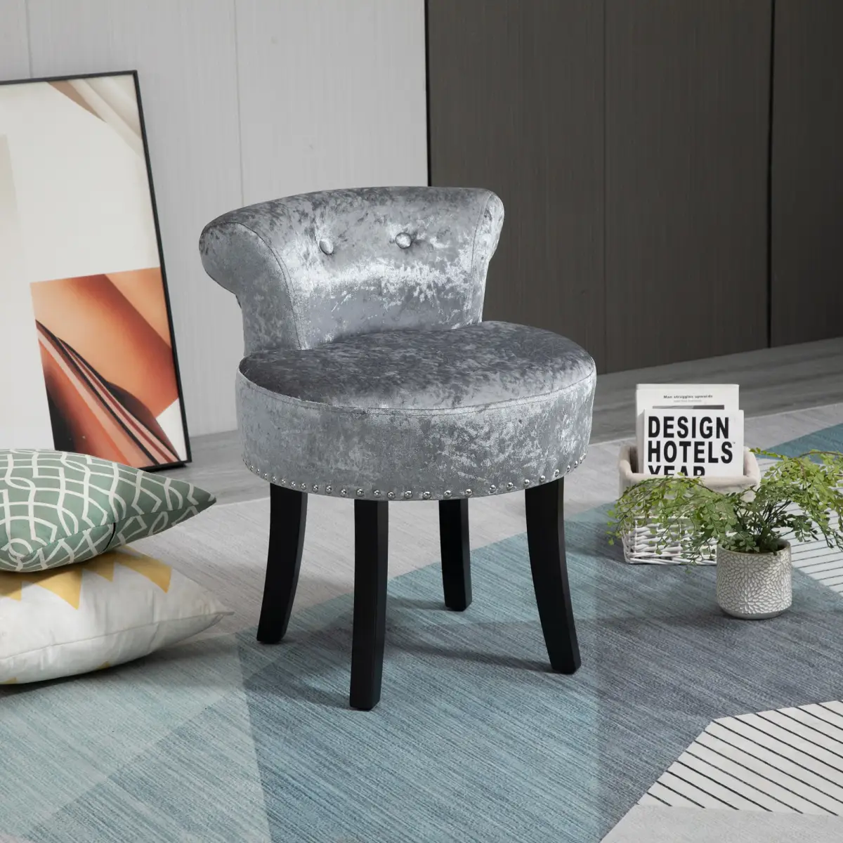 Dressing Table Stool Vanity Seat w/ Rubber Wood Legs Bedroom - Grey by HOMCOM