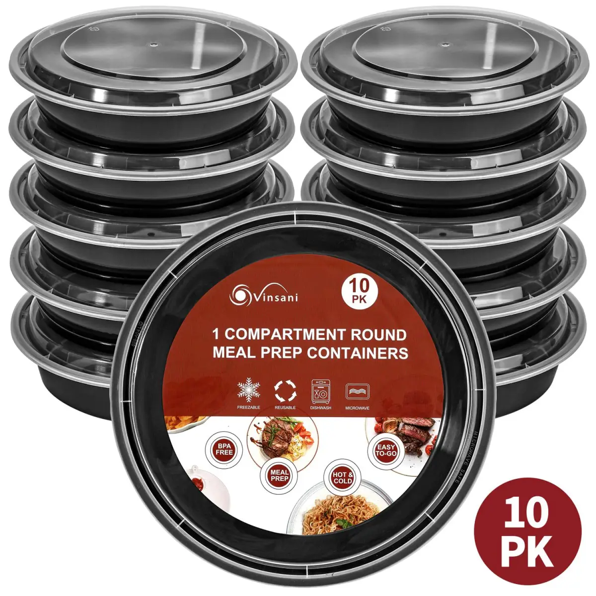 VINSANI 10pk ROUND 1 COMPARTMENT MEAL PREP CONTAINERS 1010426 by Vinsani