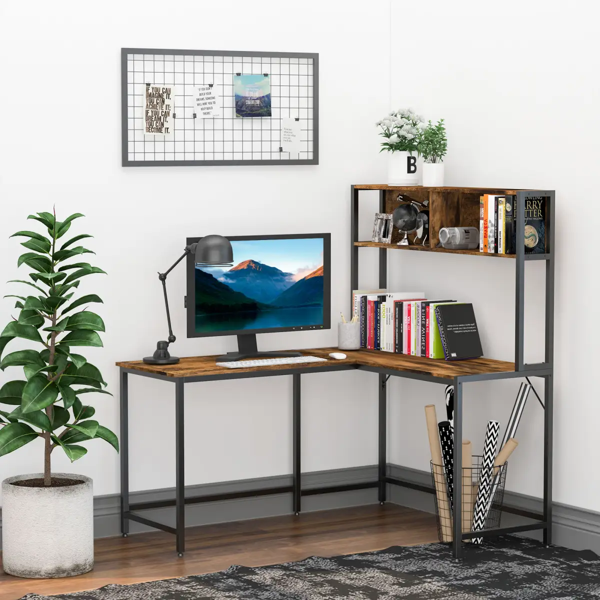 149x140x125cm Industrial L-Shaped Desk w Shelf - Brown & Black by HOMCOM