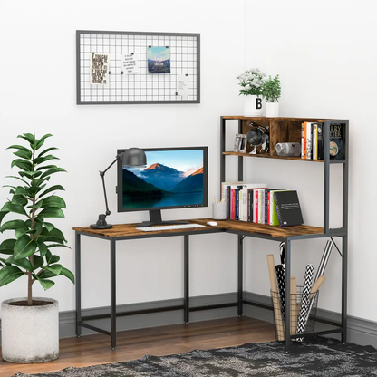 149x140x125cm Industrial L-Shaped Desk w Shelf - Brown & Black by HOMCOM