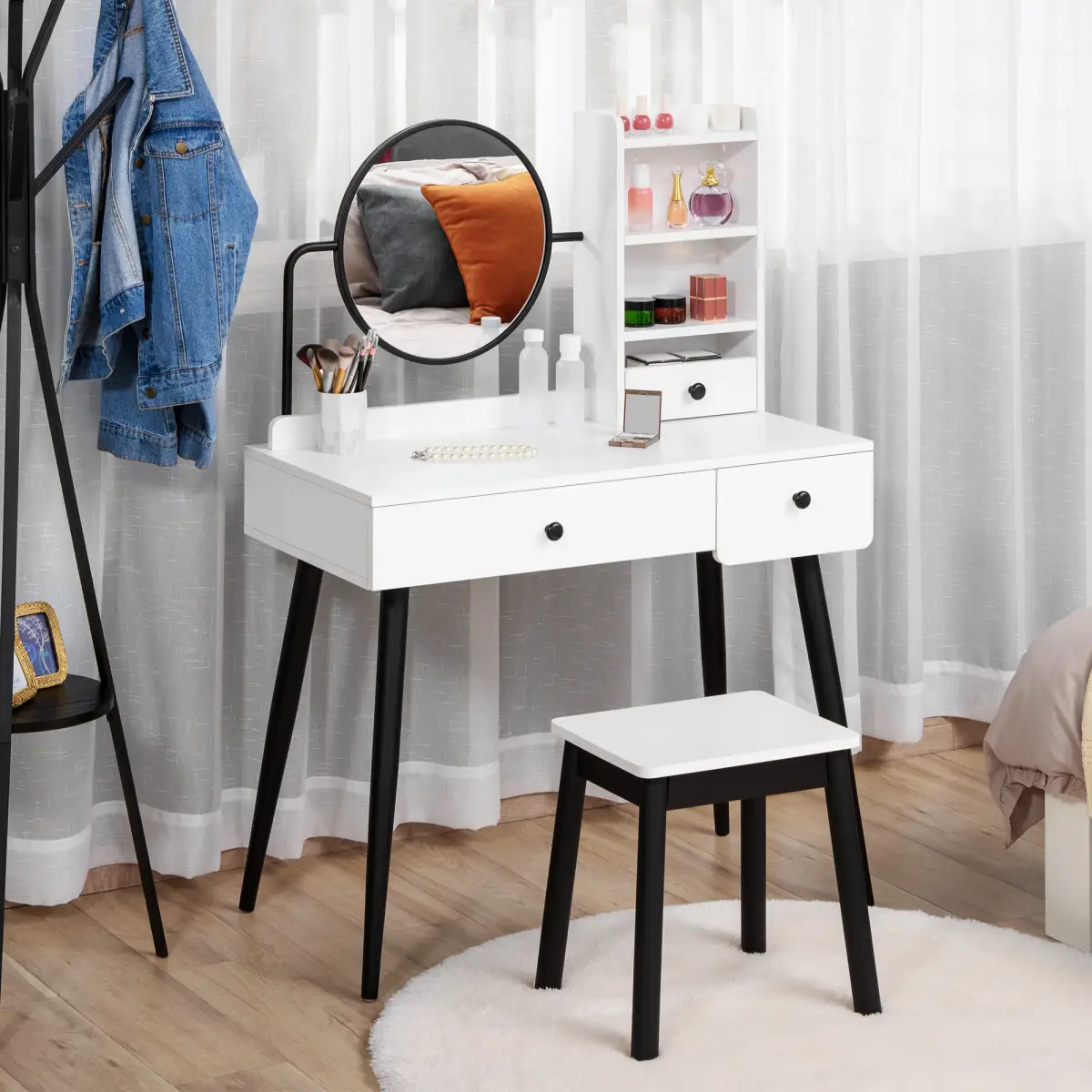 Dressing Table Set with 3 Drawers, Storage shelves and Stool, White by Unbranded