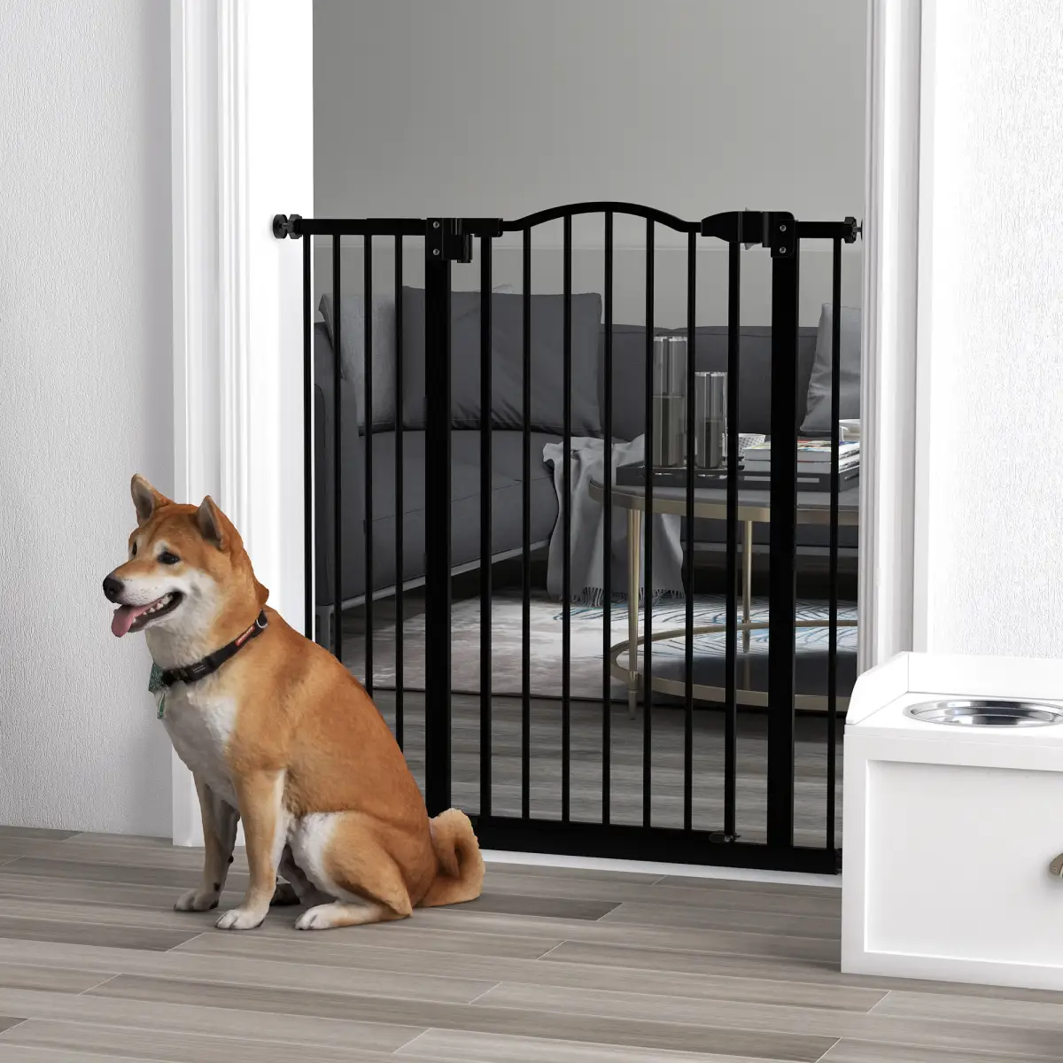 PawHut 74-94cm Adjustable Metal Pet Gate Safety Barrier w/ Auto-Close Door Black by PawHut