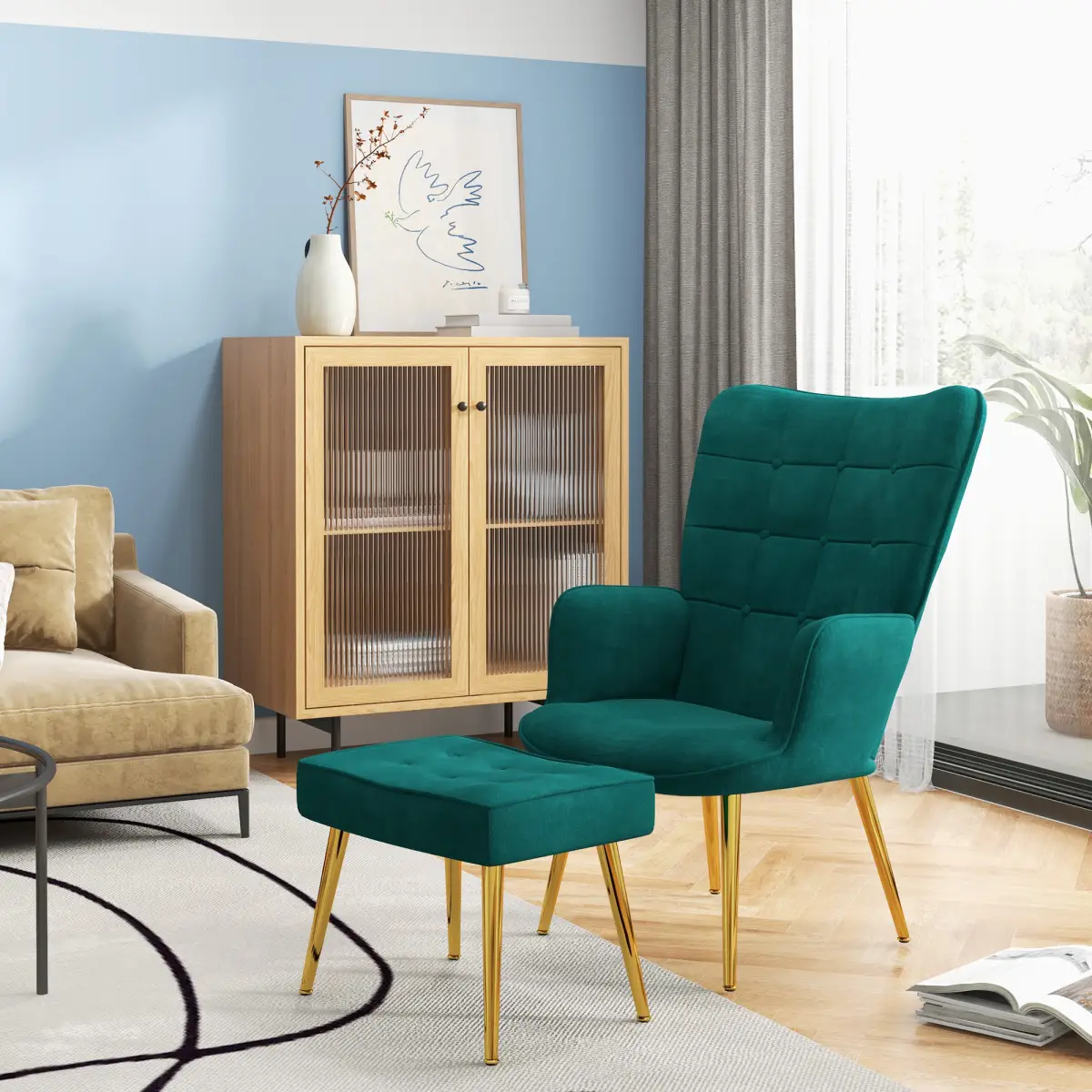 HOMCOM Button Tufted Armchair with Footstool and Gold Tone Steel Legs Dark Green by HOMCOM
