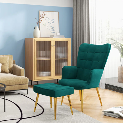HOMCOM Button Tufted Armchair with Footstool and Gold Tone Steel Legs Dark Green by HOMCOM