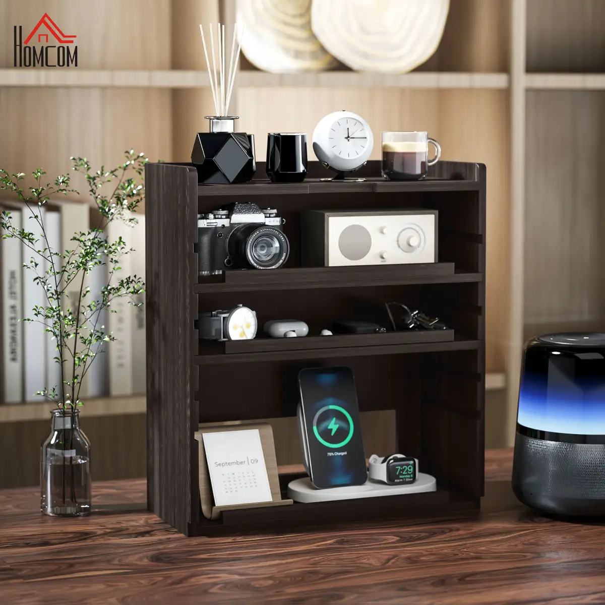HOMCOM 4-Tier Desktop Organiser with Cable Management for Stationery Dark Brown by HOMCOM