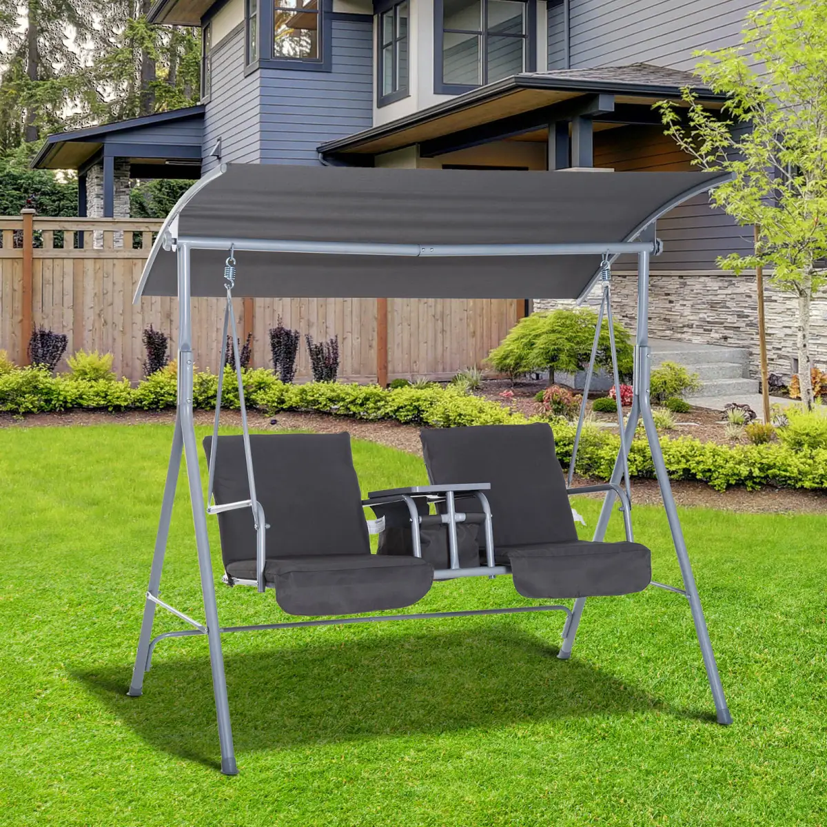 Steel Frame 2-Seater Swing Chair w/ Table Grey by Outsunny