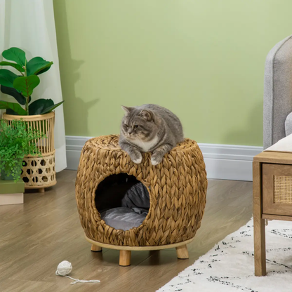 Rattan Cat House Stool, Wicker Kitten Bed for Outdoors and Indoors w/ Cushion by Unbranded