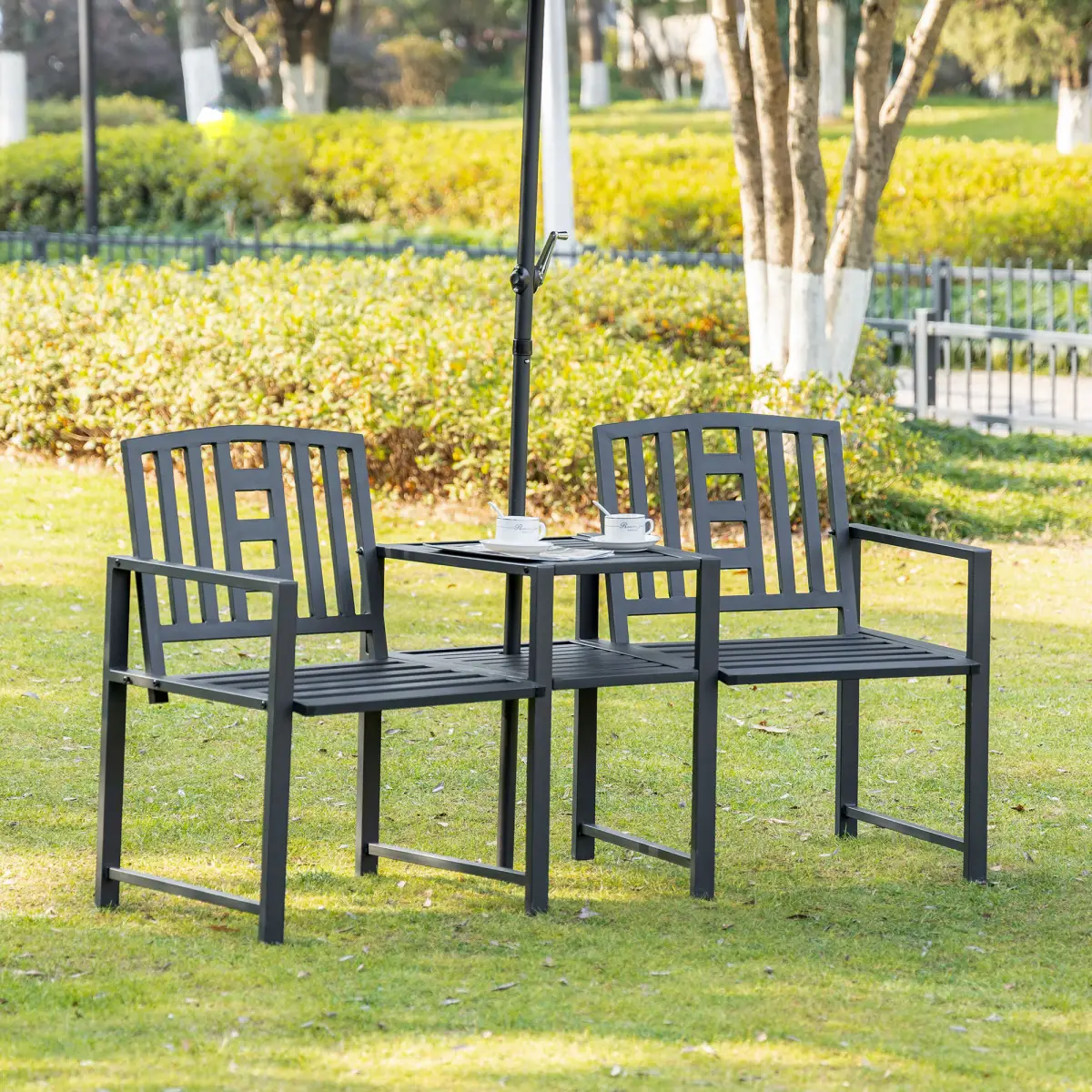 2 Seat Garden Chair Bench Loveseats w/Coffee Table Slatted Design Patio Yard by Unbranded