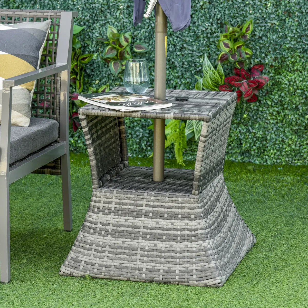 Outsunny Rattan Wicker Tea Coffee Table w/ Umbrella Hole and Storage Space Grey by Outsunny