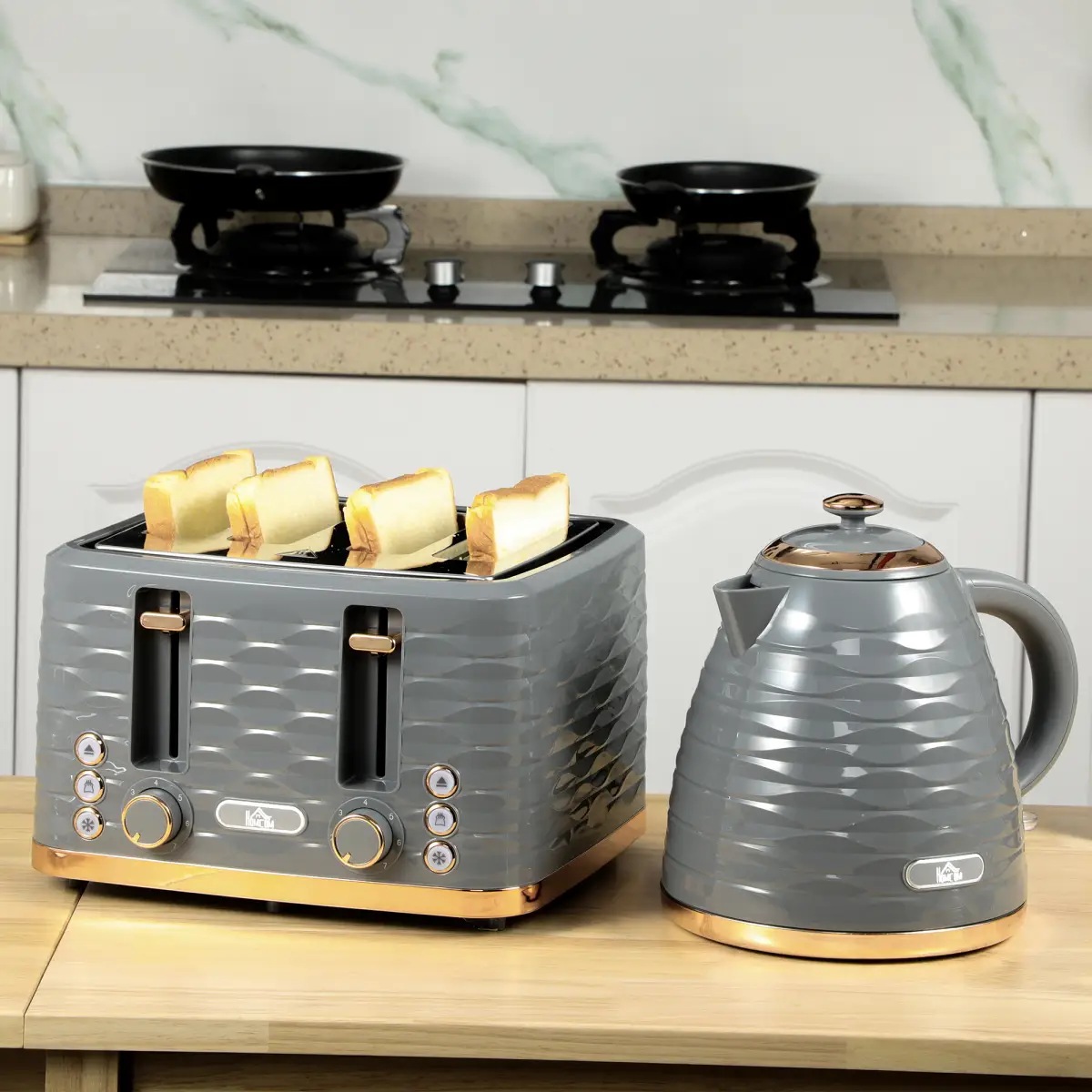 HOMCOM Kettle and Toaster Set 1.7L Rapid Boil Kettle & 4 Slice Toaster Grey by HOMCOM