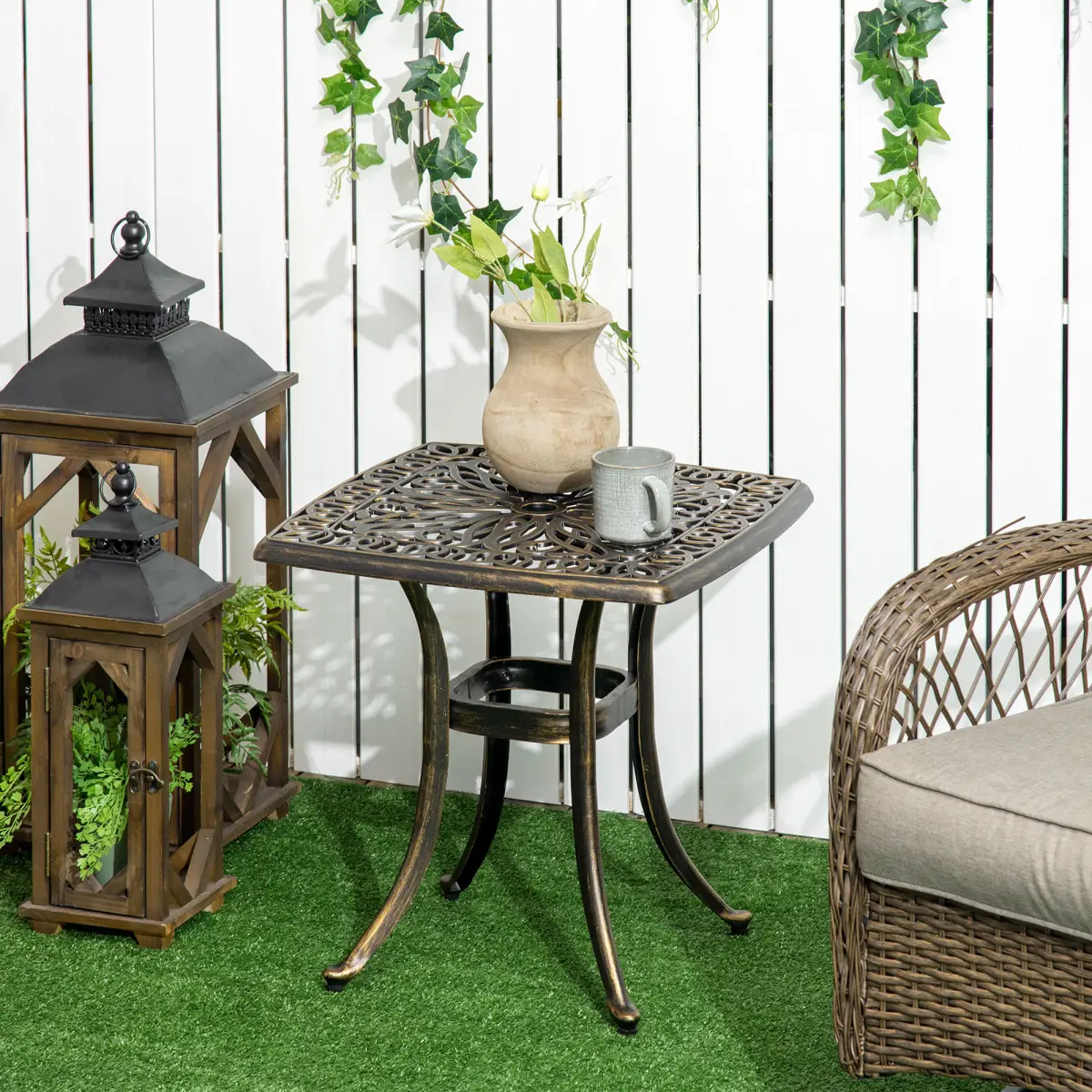 Outsunny 54 x 54cm Aluminium Outdoor Garden Side Table w/ Umbrella Hole, Bronze by Outsunny