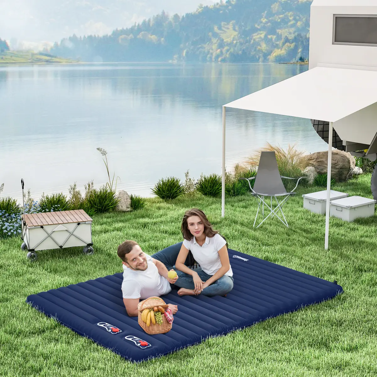 Inflatable Bed Double Mattress Camping Sleeping Outdoor Travel Blue Outsunny by Unbranded