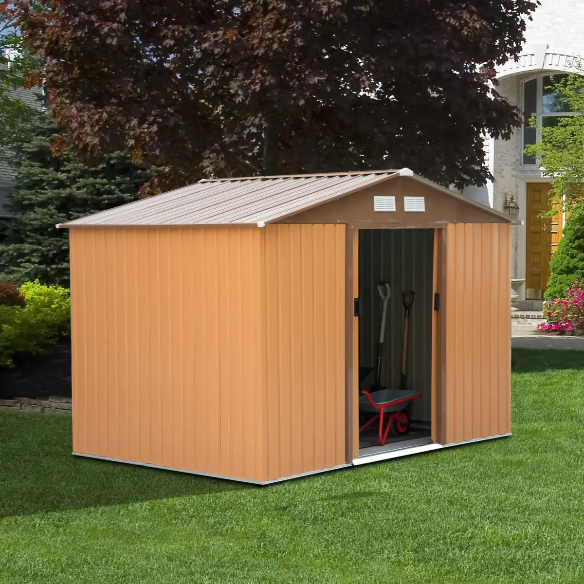 9x6 ft Metal Shed Khaki Storage Large Yard Store Door Container by Outsunny
