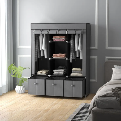 HOMCOM Portable Wardrobe w/ 5 Shelves 3 Fabric Drawers and 2 Hanging Rails Grey by HOMCOM