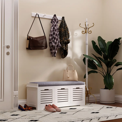 HOMCOM 3-Door Shoe Storage Bench Cushion Seat Slatted Doors Elevated Base White by HOMCOM