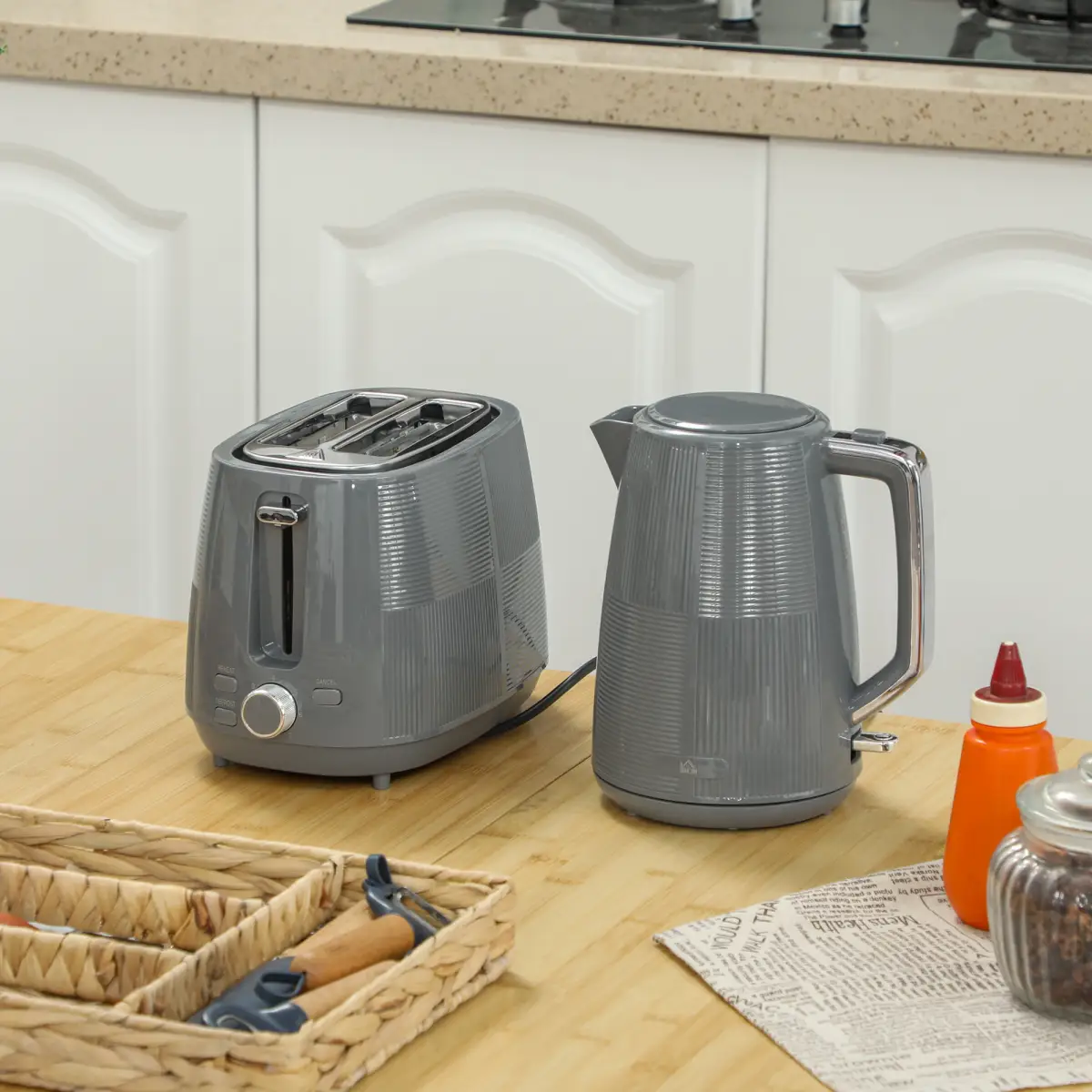 HOMCOM 1.7L Fast Boil Electric Kettle and 2 Slice Water Toaster Set, Grey by HOMCOM