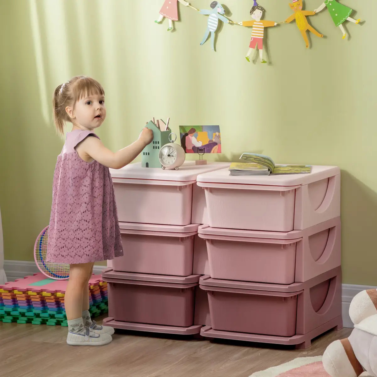 Kids Storage Unit Toy Box Vertical Dresser with Six Drawers - Pink HOMCOM by Unbranded
