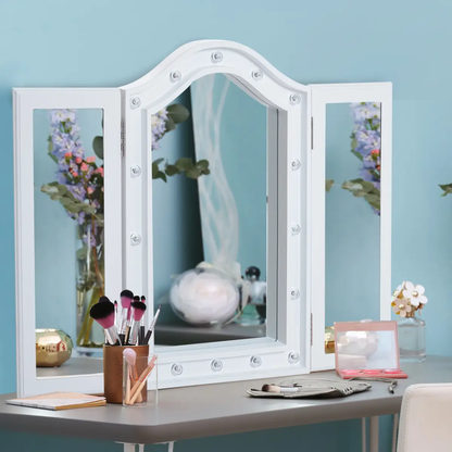 Lighted Tri-Fold Vanity Mirror Large Cosmetic Mirror LED Lights White by HOMCOM