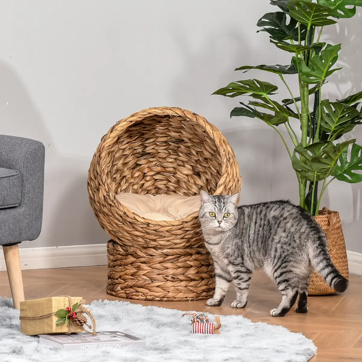 Wicker Cat House, Raised Cat Bed with Cylindrical Base, 42 x 33 x 52cm by PawHut