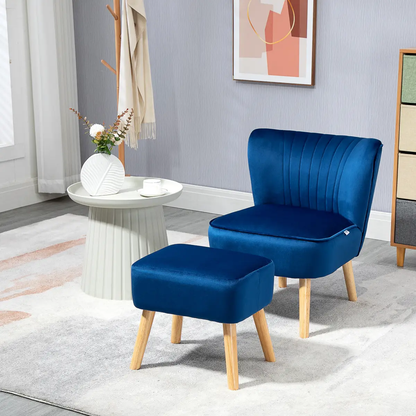 Velvet-Feel Accent Chair w/ Ottoman Tub Seat Padding Wood Legs Dark Blue by HOMCOM