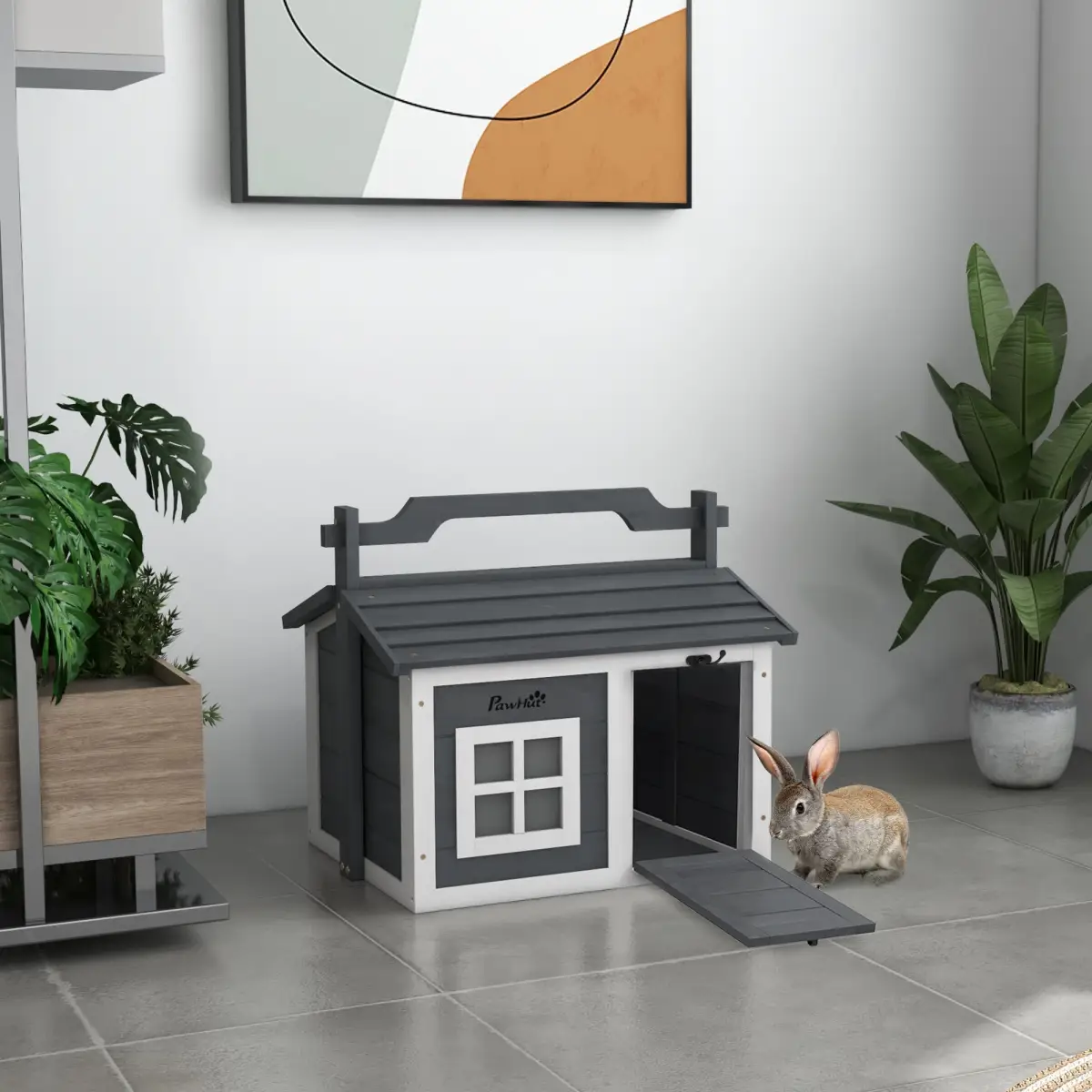 PawHut Rabbit Hutch Indoor Outdoor w/ Top Handle, Openable Roof - Grey by PawHut