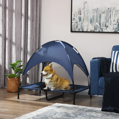 PawHut 92cm Elevated Dog Bed Cooling Raised Pet Cot UV Protection Canopy Blue by PawHut