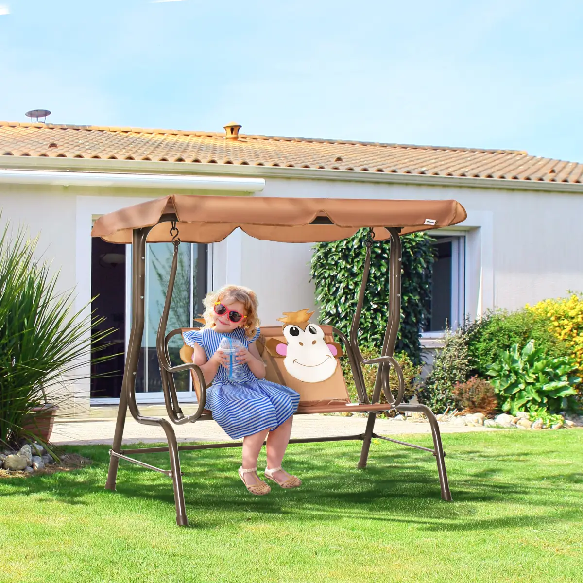 Two-Seat Kids Canopy Swing Chair Adjustable Awning, Seatbelt by Outsunny