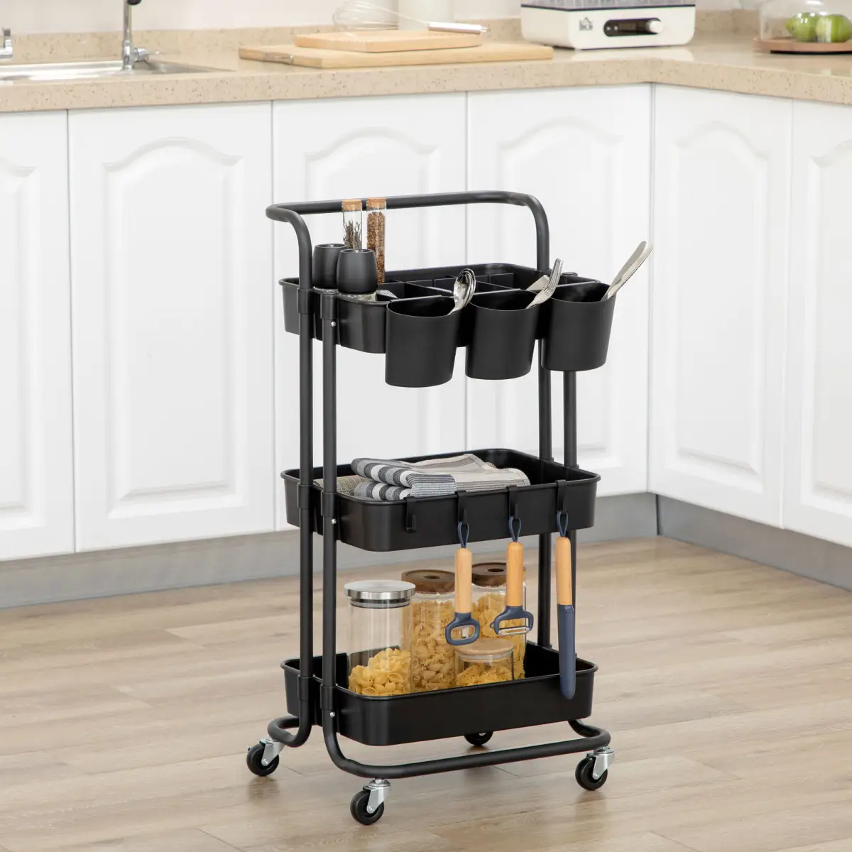 3-Tier Utility Cart, Serving Trolley with Mesh Baskets Removable Boxes, Black by Unbranded